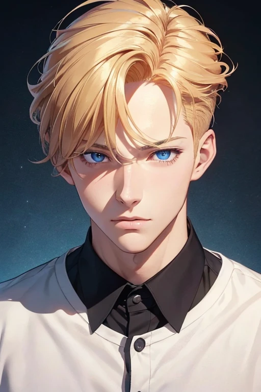 1st year, boy, high school student, very handsome, perfect face, golden hair, short on the sides, blue eyes, confident expression, standing (best quality, master piece, 4K, 8K, masterpiece, perfect picture) Manhwa art , illustration, photorealistic, ultra-detailed
