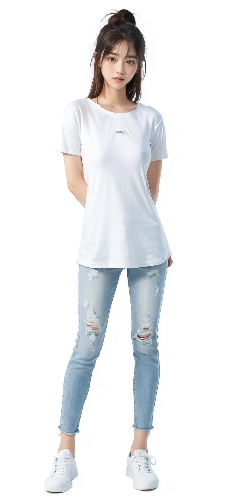 (full body:1.5), 1girl, long hair, ((Wearing a white T-shirt:1.5)), (Small breasts:1.5), Wearing denim pants, Highest quality, figure, Super detailed, Fine details, High resolution, 8k wallpaper, Perfect dynamic composition, Beautiful attention to detail, A woman with a slightly young face, Hori's pale face, Small and cute nose, Baby Face, cute double, round face, Baby Face, Eyes slightly apart, Brown hair long, Has bangs, Small breastsと自然な色の唇, smile, Harajuku, 20-year-old girl, 白いTシャツを着てロング丈のWearing denim pants, Brown hair longで胸下まである長さの髪の毛, The shoes worn are sneakers, Height is 155cm