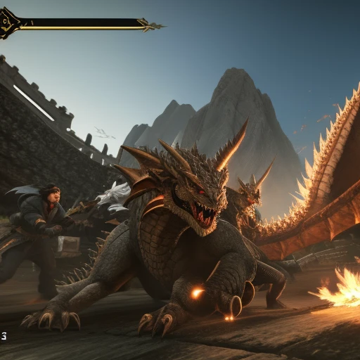 Pictures taken from video games，Showing a group of people fighting a dragon，Screenshots from animated movies，animated static movie animated style，Defeat the dragon