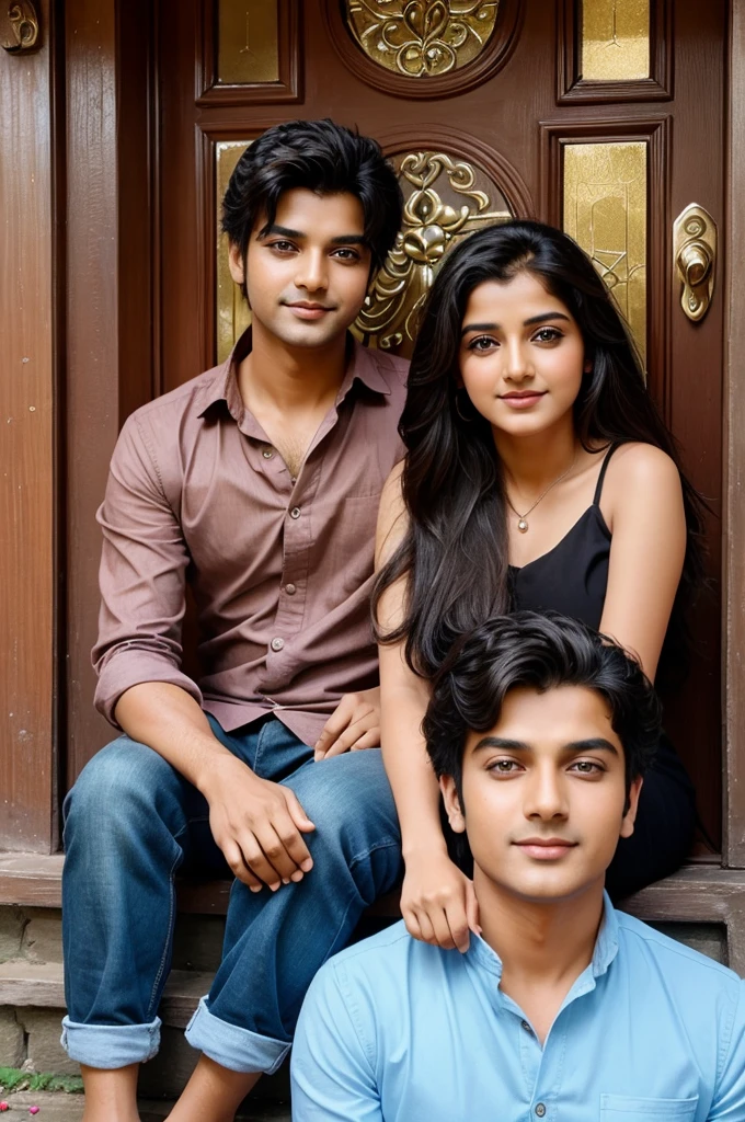 Create a beautiful girl and boy image they are in love with feelings and romantic scenes are sitting outside the charming house. Shuvantika Neeraj written on the house door .