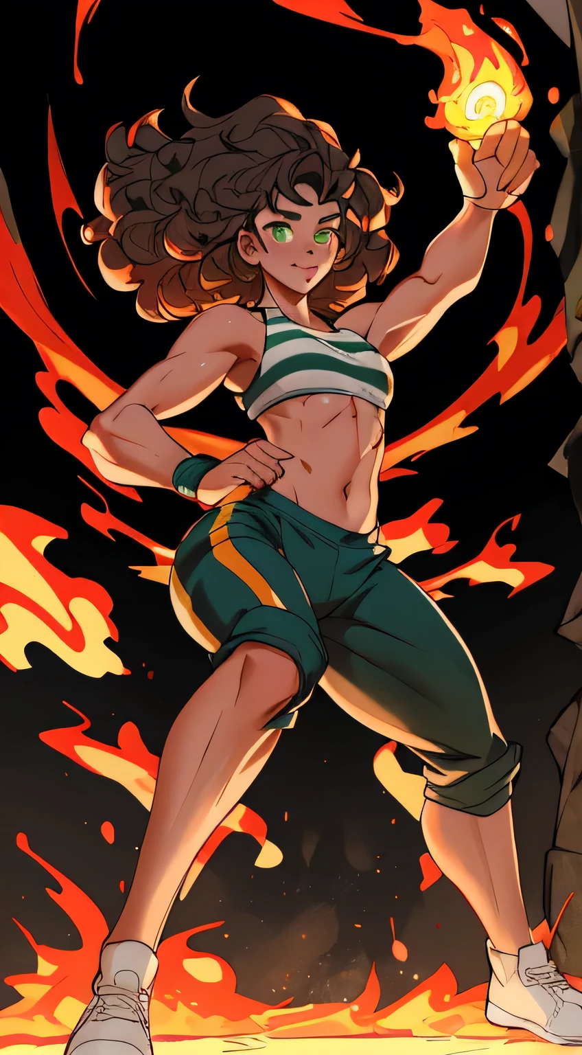 Pyre, (black skin), African, best quality, perfect hands, masterpiece, original, extremely detailed wallpaper, full body, dynamic pose, looking at viewer,1girl, solo, female, female focus, fire, green eyes, sports bra, striped joggers, glowing, curly hair, (skinny), fire powers