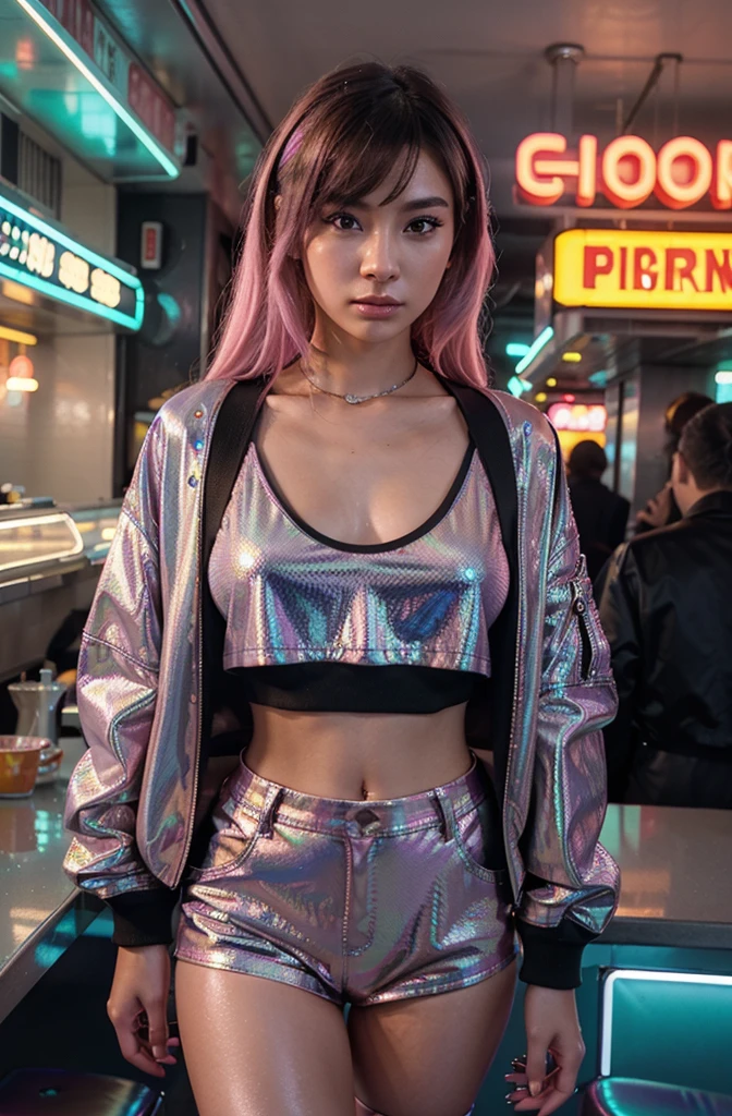 “Develop an HD Ultra Realistic image of Young Attractive Asian Woman Sophie Tan posing in a Y2K fashion scene. Sophie is outfitted in a holographic bomber jacket over a neon crop top and matching mini skirt, paired with knee-high boots. The backdrop features a retro diner with neon signs and chrome accents. Capture this image using a professional camera with a 35mm lens, highlighting Sophie’s dynamic pose and the iridescent tones of her outfit (1.3). The diner setting should be blurred to keep Sophie as the focal point, with post-production enhancing the neon lighting, adding a soft vignette effect, and using a pastel filter to match the Y2K editorial style (1.4).”
