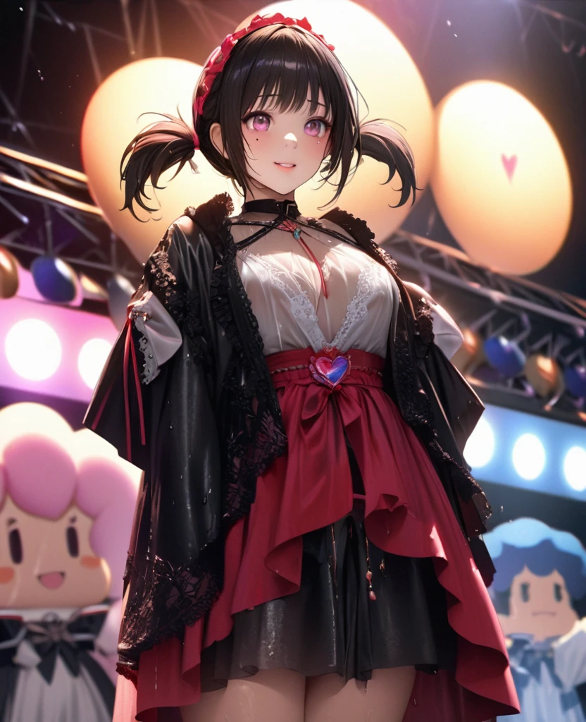 One Girl、Looking at the audience、lovely,
Beautiful pink eyes、short twin tail hair , Mole under the eye、Plump and glossy lips、Heart-shaped choca、Idol、Her name is Rico,smile、ー、。.。.。.。.。.。.。.。.。.。.。.。.。.。.。.。.。.。.3D、Realistic、
The idol's costume was soaked in the heavy rain, and her chest was wet and transparent.Heavy rain at outdoor concert, Drape clothes、gem、The decoration has been removed、Floral、Lace trim,On a glittering stage、
masterpiece、highest quality、8k、Detailed skin texture、Detailed cloth texture、Beautifully detailed face、Intricate details、Very detailed、
超A high resolution、8k Ultra HD、Film Grain、Best Shadow、delicate、Gazing at the audience、front