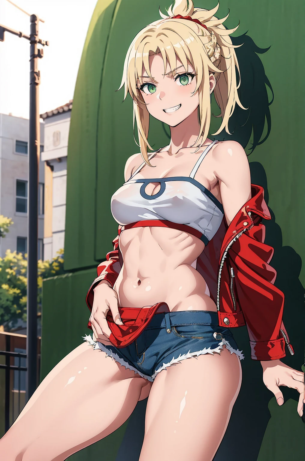 masterpiece, Highest quality, figure, City Street, One girl, Mordred \(destiny\), Cowboy Shot, clavicle, Detailed blonde hair ponytail braid, Green Eyes, Red leather jacket, White short blouse, Denim shorts,belly button,Up to the thighs,Grin, Covered_Pussy,skin,Beautiful legs,Beautiful Hands