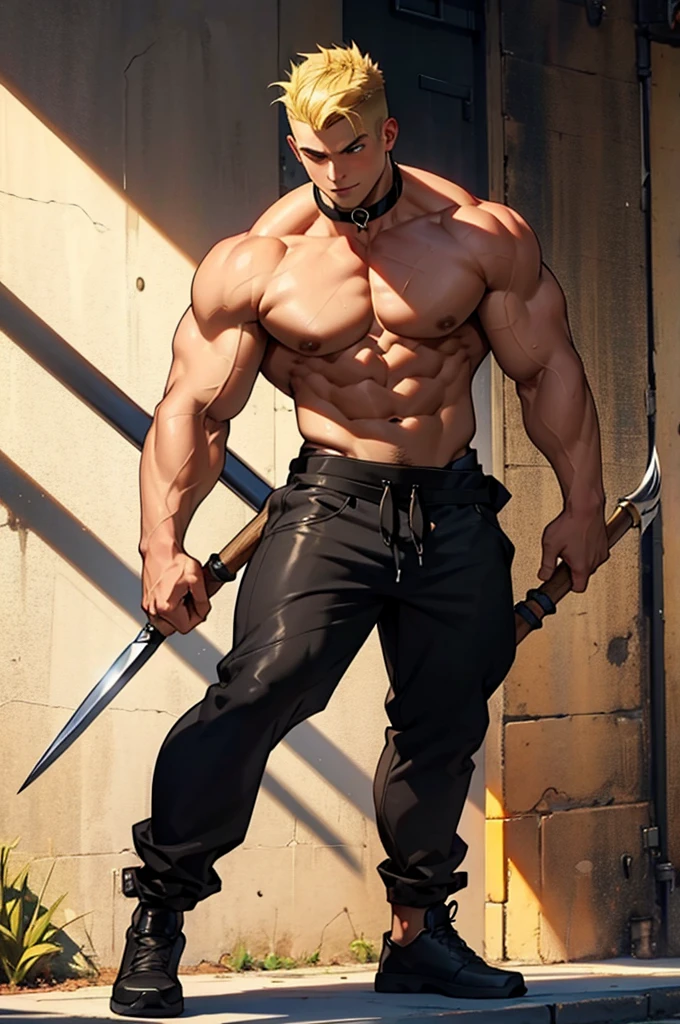 a buff man with blonde shaved upper cut hair wearing a black choker holding a spear full body shot