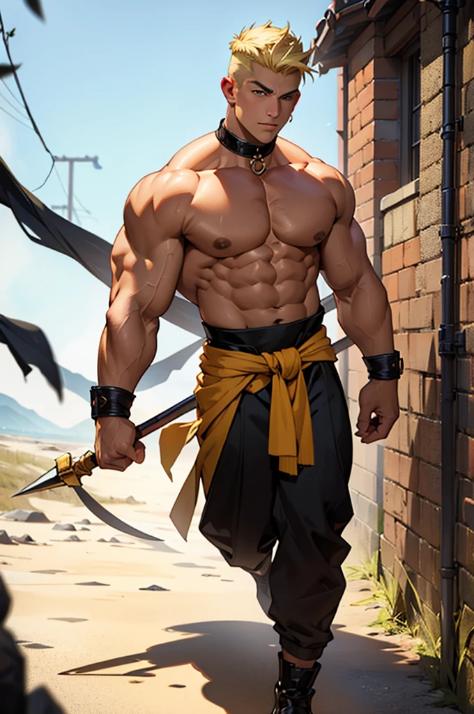 a buff man with blonde shaved upper cut hair wearing a black choker holding a spear full body shot