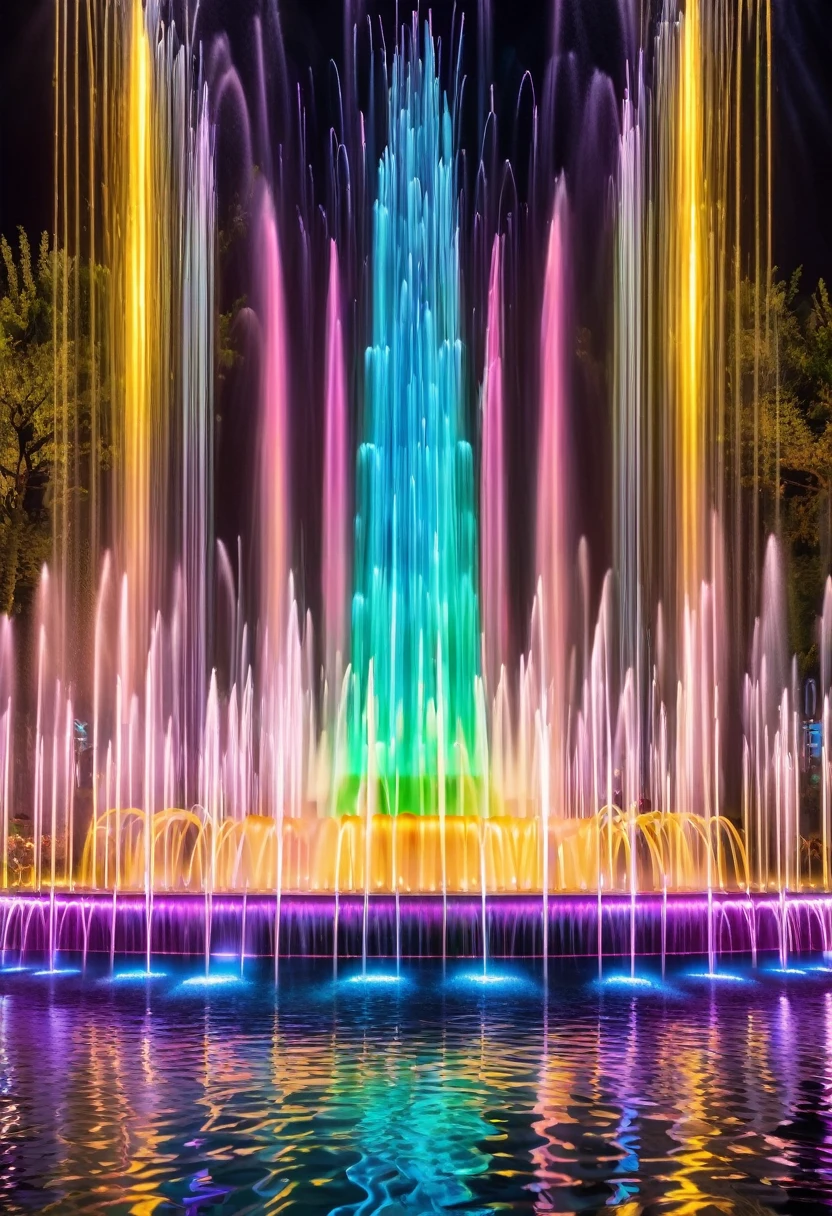 Dancing water columns of a musical fountain、Create various patterns with the combination of light and water column，Create a colorful scene，Detailed fantasy digital art，Highly detailed digital art in 4K，fantasy art action，nice、Money、High-quality images