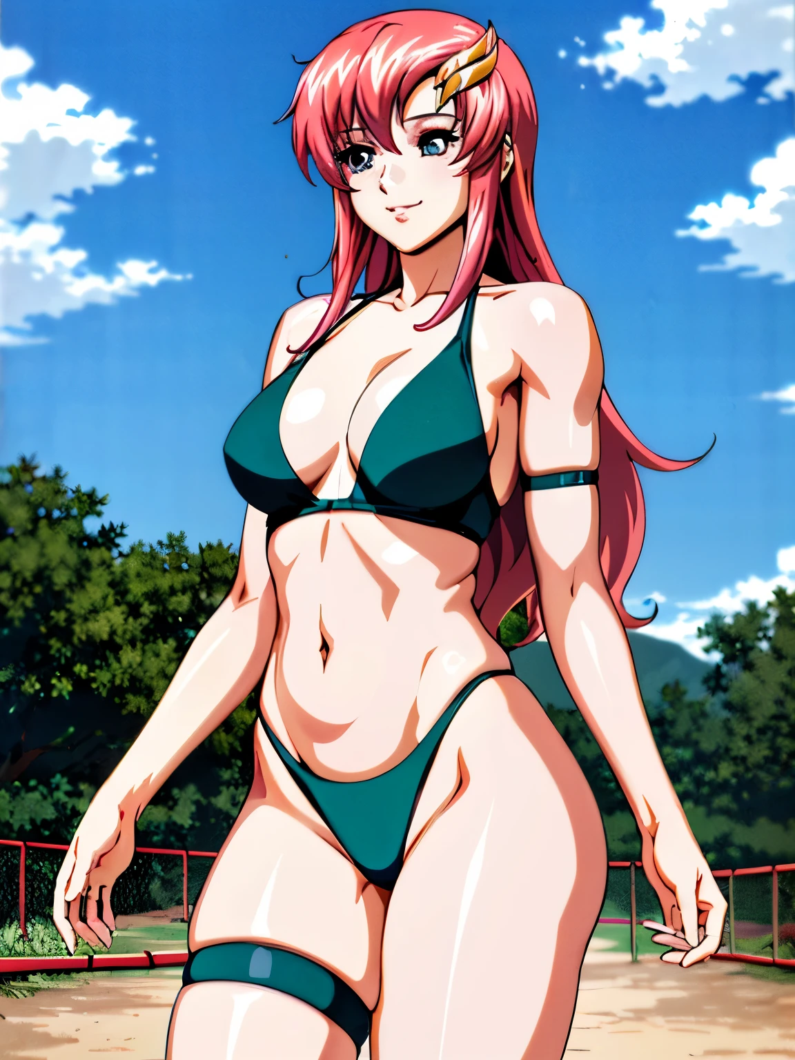 lacus4, (green bikini, running, thong, tall girl, masterpiece, cowboy shot, very slim shoulders, 4K, Best Quality, Anime style: 1.9, happy, Adult Woman, (ultra detailed head), (Crowd, cloud background), Drawing lines, high resolution, lacus4), clavicle, scapular, (Detailed wide hair bangs, Detailed reddish-pink hair, slim arms), cleavage, (hair cover shoulders). (Big blue eyes, shiny eyes), ((female wrestler, (slim body), slim arms, thighs)), ((perfect proportions, medium-small breasts, medium thighs, natural belly)), ((leg strap)), smile with a wink, (standing, hot colors), detailed fingers, (bare shoulder, looking away)
