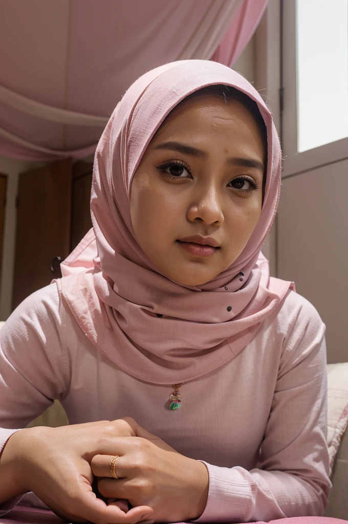 Seorang perempuan menggunakan hijab menghadap ke depan dan gaun ulang tahun berwarna pink, sedang duduk di atas kursi di kelilingi balon dan di dinding ada nama Sinta Maharani, HD Realistic