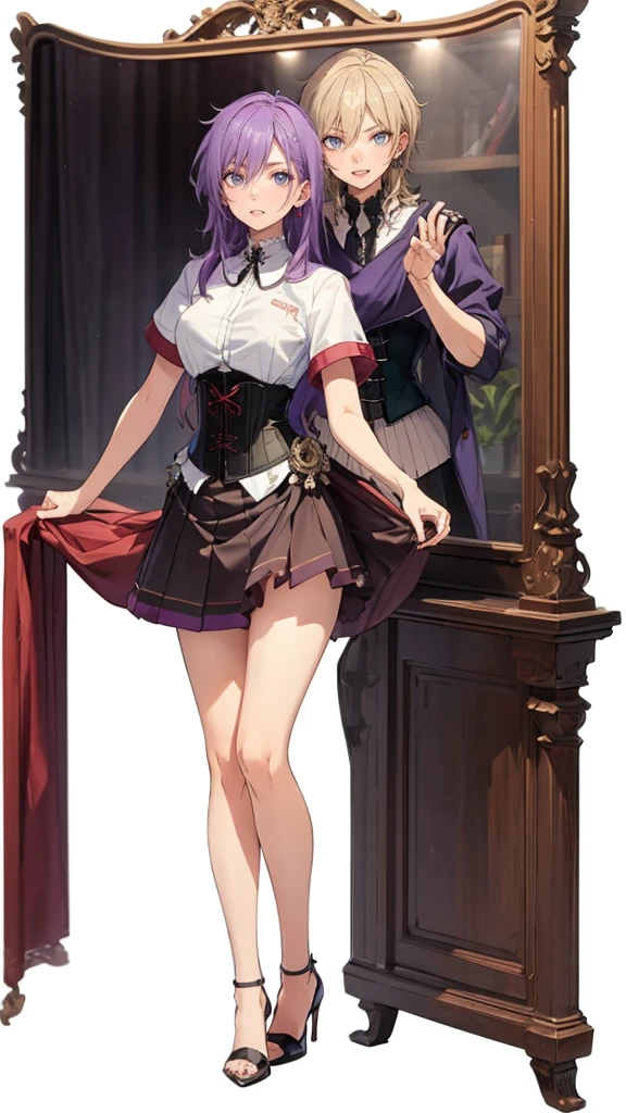 ((Perfect Face)),Purple Hair,long hair,Adult female,White shirt,((Shirt with rolled up sleeves)),(((Roll up your sleeves))),((corset)),short skirt,(High heels),((Simple White Background)),((full body)),((Full Body)),