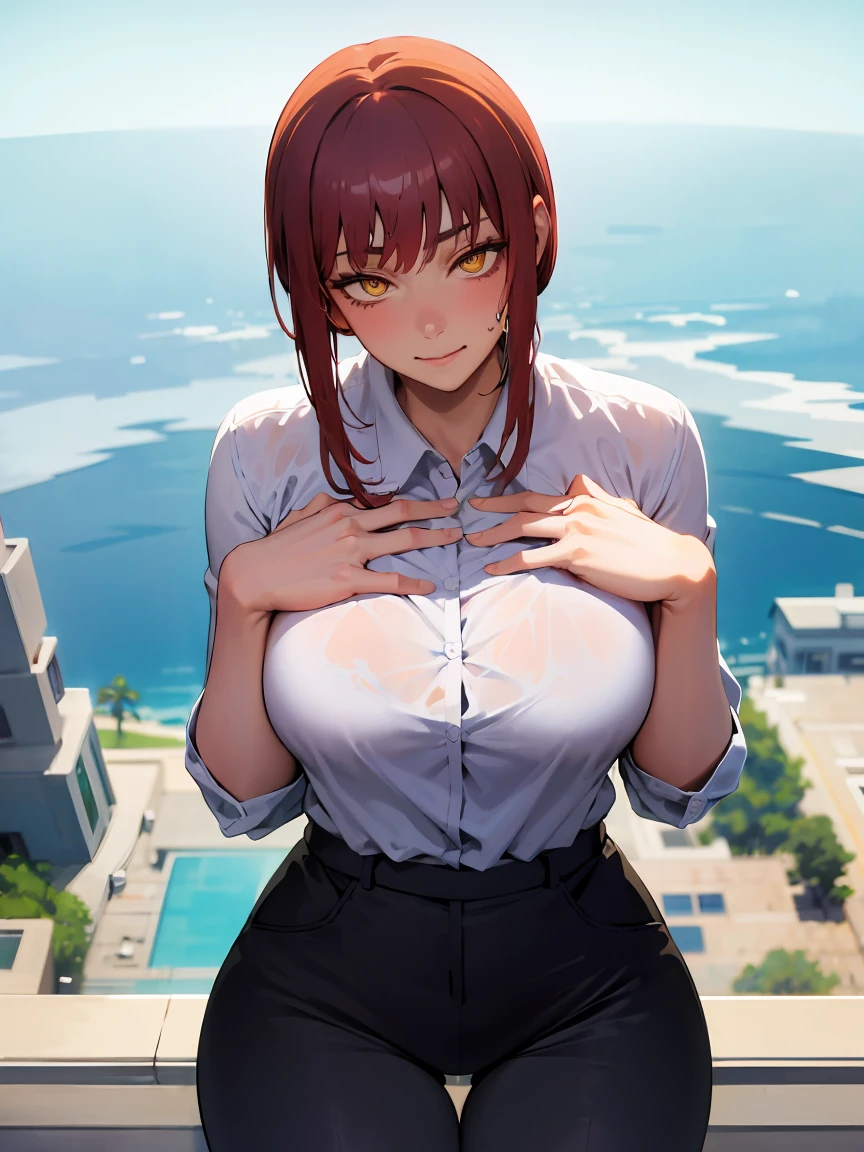 (masterpiece, Best quality:1.2), One, 1 girl, Red hair, yellow eyes, Hands,, unbuttoned collared shirt, on the chest, A lot, black unbuttoned trousers, wide hips, we are panties, Wet, hot, wide hip, thick thighs, very detailed beautiful face, beautiful skin, cum on face, view from above, erotica, languor, passion, hands behind your back, anatomical hands