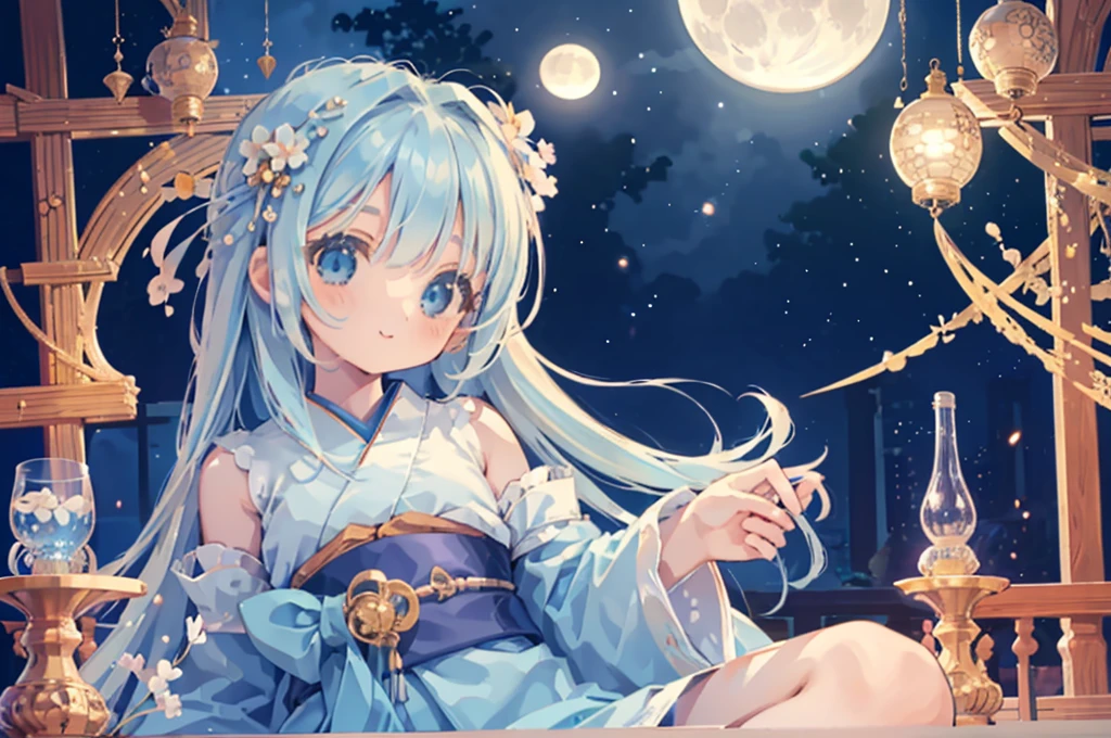 masterpiece, best quality, extremely detailed, (illustration, official art:1.1), 1 girl ,(((( light blue long hair)))), ,(((( light blue long hair)))),light blue hair, long hair ((blush)) , cute face, big eyes, masterpiece, best quality,(((((a very delicate and beautiful girl,))))),Amazing,beautiful detailed eyes,blunt bangs、(((( delicate girl)))),tareme(true beautiful:1.2), sense of depth,dynamic angle, ,Baby Fchest,One girl is looking backwards at the moon, (Sexy smile), Kimono with beautiful patterns and colors., One Big Moon, Big Moon, Girl in the back looking at a very beautiful moon, (On the veranda in the Japan style:1.3), (Holding a cup of Japan:1.2), Liquor bottles are placed, Colorful, ultra-detailliert, high-level image quality, 