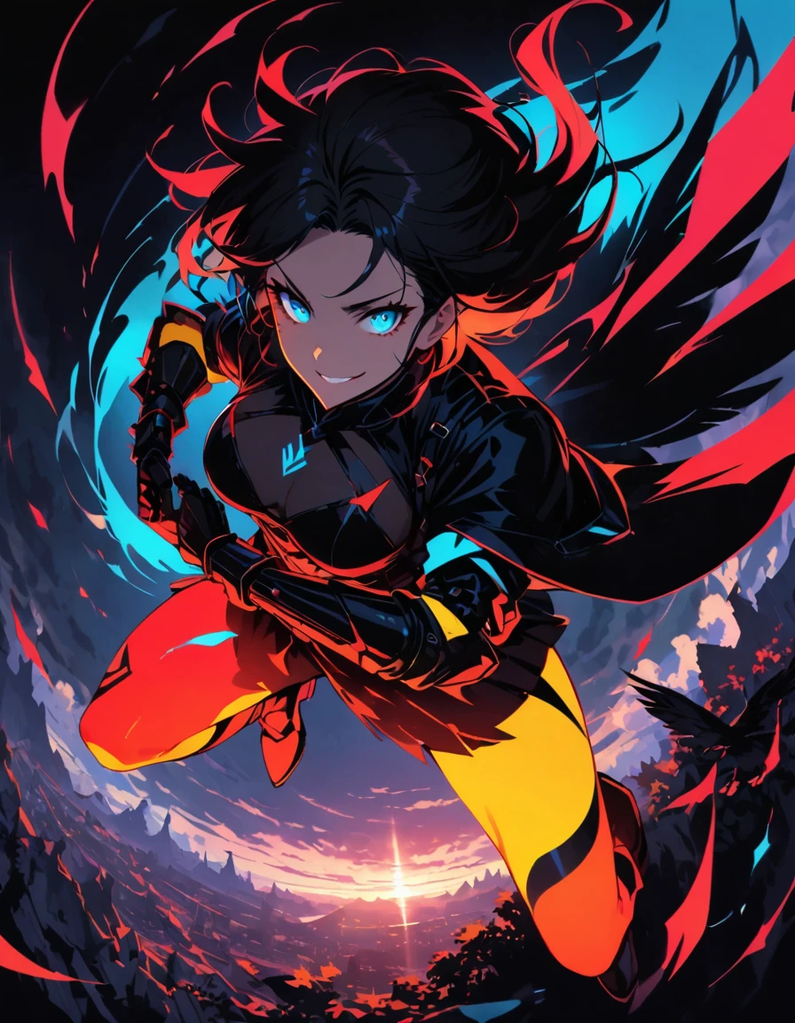 ((((Obra maestra La mejor calidad, ultrahigh resolution)))), 1girl, fierce, flying, (((wind-powered wings))), (detailed face), (determined expression), ((high-contrast lighting)), pale skin, ((bright blue eyes))), ((worn leather armor)), (detailed hands), (((high-tech gauntlet))), ((advanced prosthetic arm))), (stormy clouds overhead), (cirrus clouds), wind-swept hair, ((spiky fringe)), ((scanned terrain))), medium breasts, (flying pose), ((Eagle eye view))), (foreboding atmosphere), 25 years old, ((determined gaze)), ((assured smile))), (((guilelessly bold))), ((high-contrast color palette)))