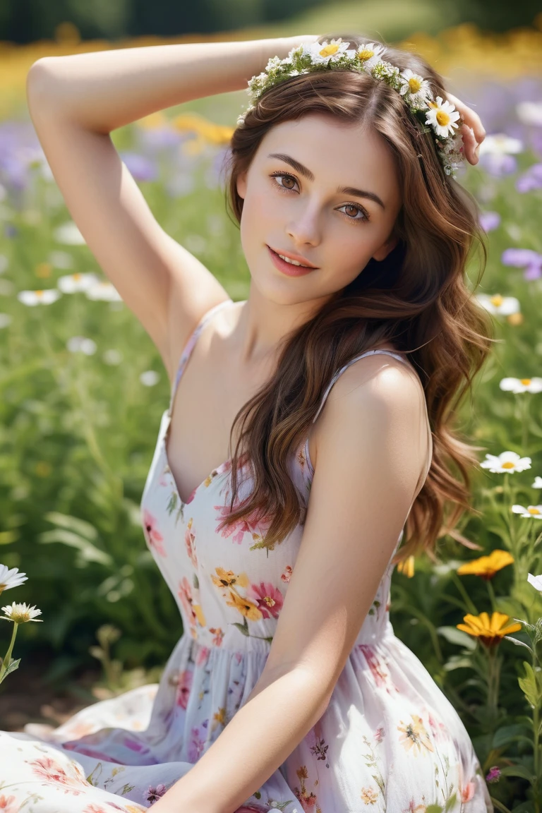 A serene 23-year-old woman with brown hair and brown eyes, sitting or lying in a colorful flower meadow, stretching her arms to the sides and enjoying the moment. She is wearing a romantic pastel-colored summer dress with flowers in her hair. The background is a vibrant flower meadow or botanical garden. Photorealistic, high resolution, with bright, natural outdoor lighting. best quality, intricate details, highly detailed, sharp focus, detailed skin, Realistic skin texture, texture, detailed eyes, professional, shot on Canon, 85mm, shallow depth of field, Kodak Vision Colors, perfectly shaped body, extremely detailed, photo_\(ultra\), photoRealistic, Realistic, Post-processing, maximum detail, roughness, Real life, ultra Realistic, photorealism, photography, 8k hd, photography
