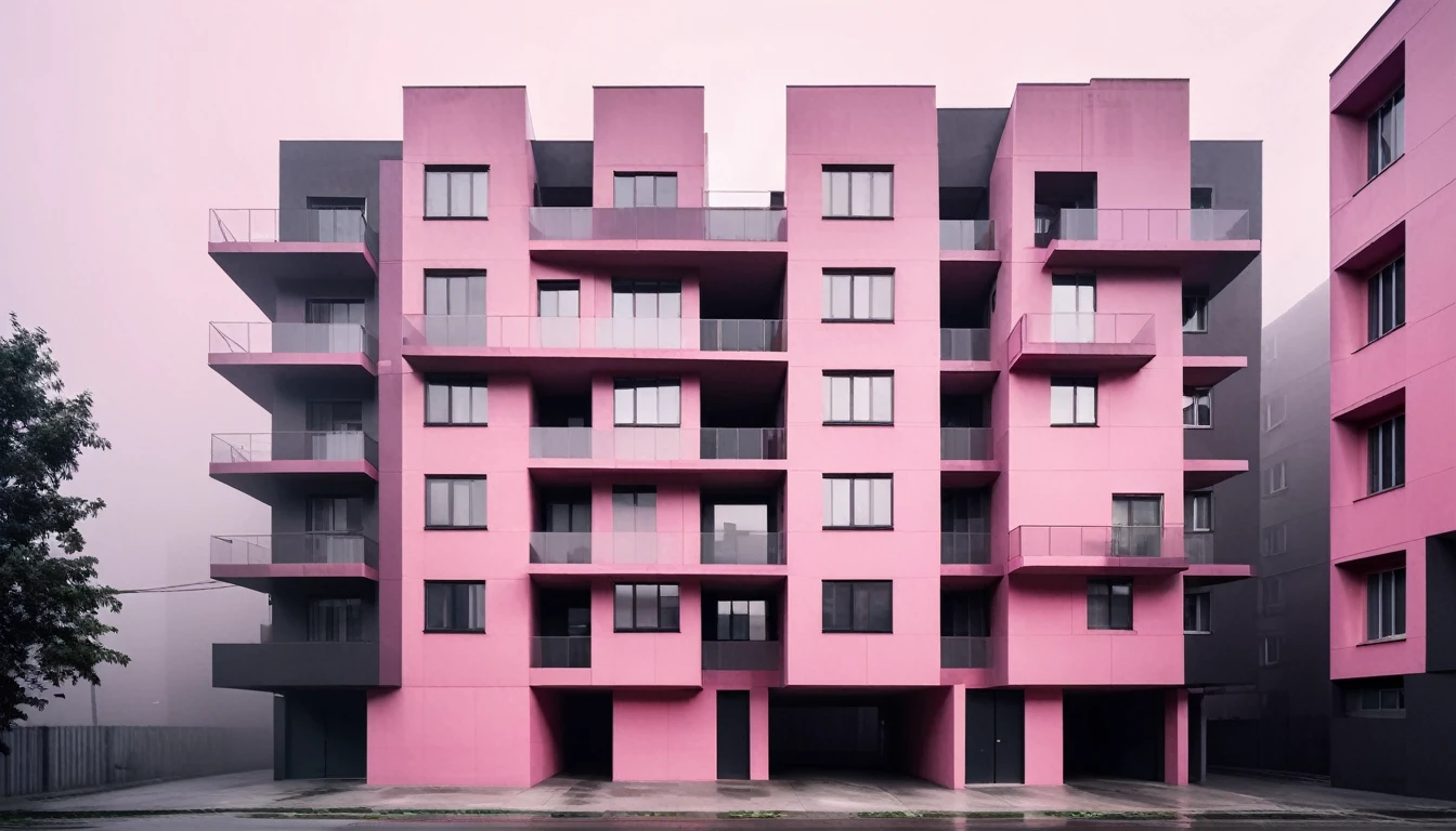 dark and mysterious, Avant-garde deconstructivist apartment complex made up of intersecting geometric shapes and planes that distort natural light and create a visually striking urban landscape, soft pink color scheme, dark shadows and fog, blurred, neo-expressionism