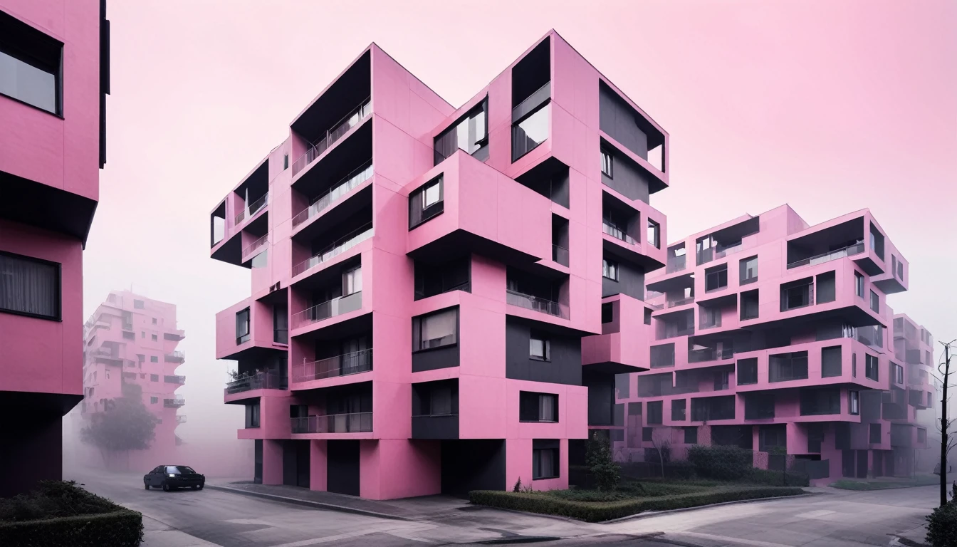 dark and mysterious, Avant-garde deconstructivist apartment complex made up of intersecting geometric shapes and planes that distort natural light and create a visually striking urban landscape, soft pink color scheme, dark shadows and fog, blurred, neo-expressionism