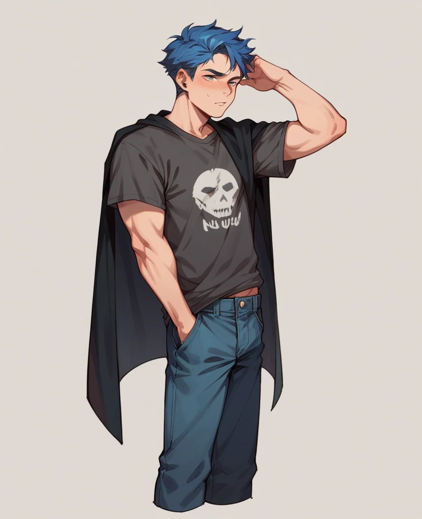 A small asexual male mage in a dark t-shirt with dark blue pants and a black cloak and blue hair