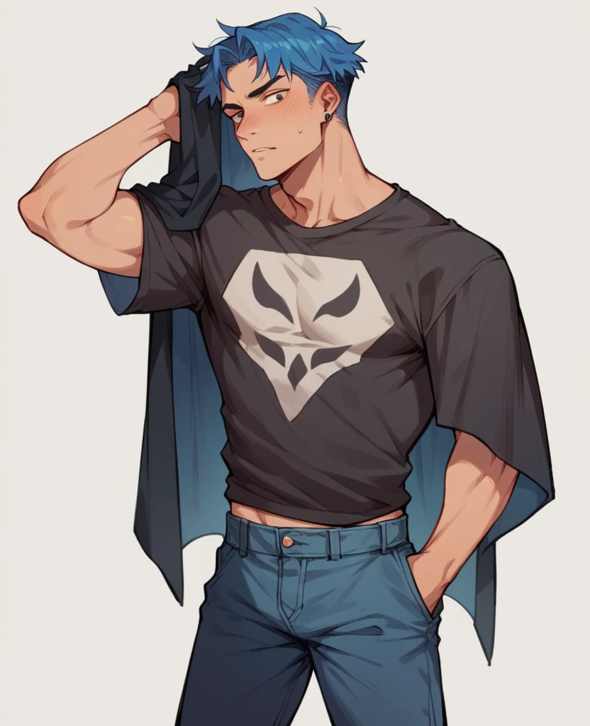 A small asexual male mage in a dark t-shirt with dark blue pants and a black cloak and blue hair