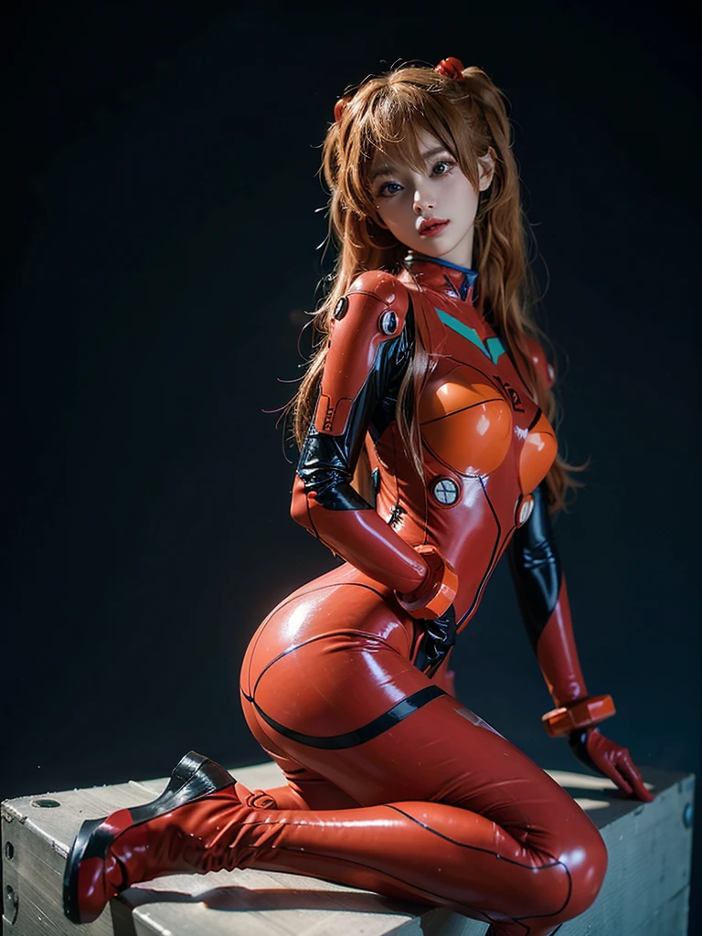 best quality, masterpiece, realistic, photorealistic, 1girl, solo, looking at viewer, full body, stick out butt, long hair, asuka cosplay costume, cosplay, plugsuit, bodysuit, hair ornament, simple background, 