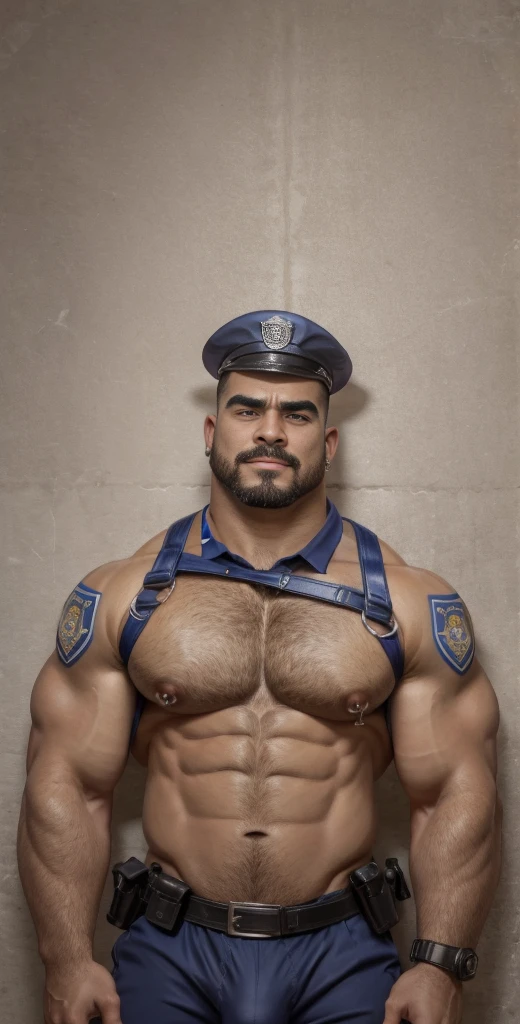 Latino ChavAlpha, 20 years old, short hair, stud, hairy, hairyalpha, BeardAlpha, wearing a policeman uniform, wearing a policeman cap, tight uniform, open shirt, wearing a pectoral harness, oversized pectorals, heavy pectorals, oversized bulge, intimidating, smirking, nipple rings, angry, threatening, prison background