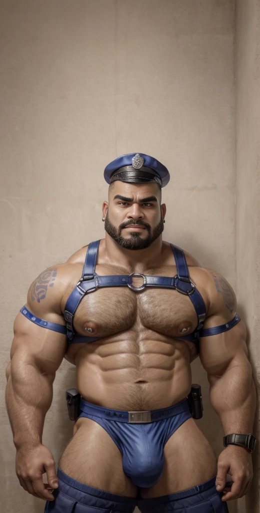 Latino ChavAlpha, 20 years old, short hair, stud, hairy, hairyalpha, BeardAlpha, wearing a policeman uniform, wearing a policeman cap, tight uniform, open shirt, wearing a pectoral harness, oversized pectorals, heavy pectorals, oversized bulge, intimidating, smirking, nipple rings, angry, threatening, prison background