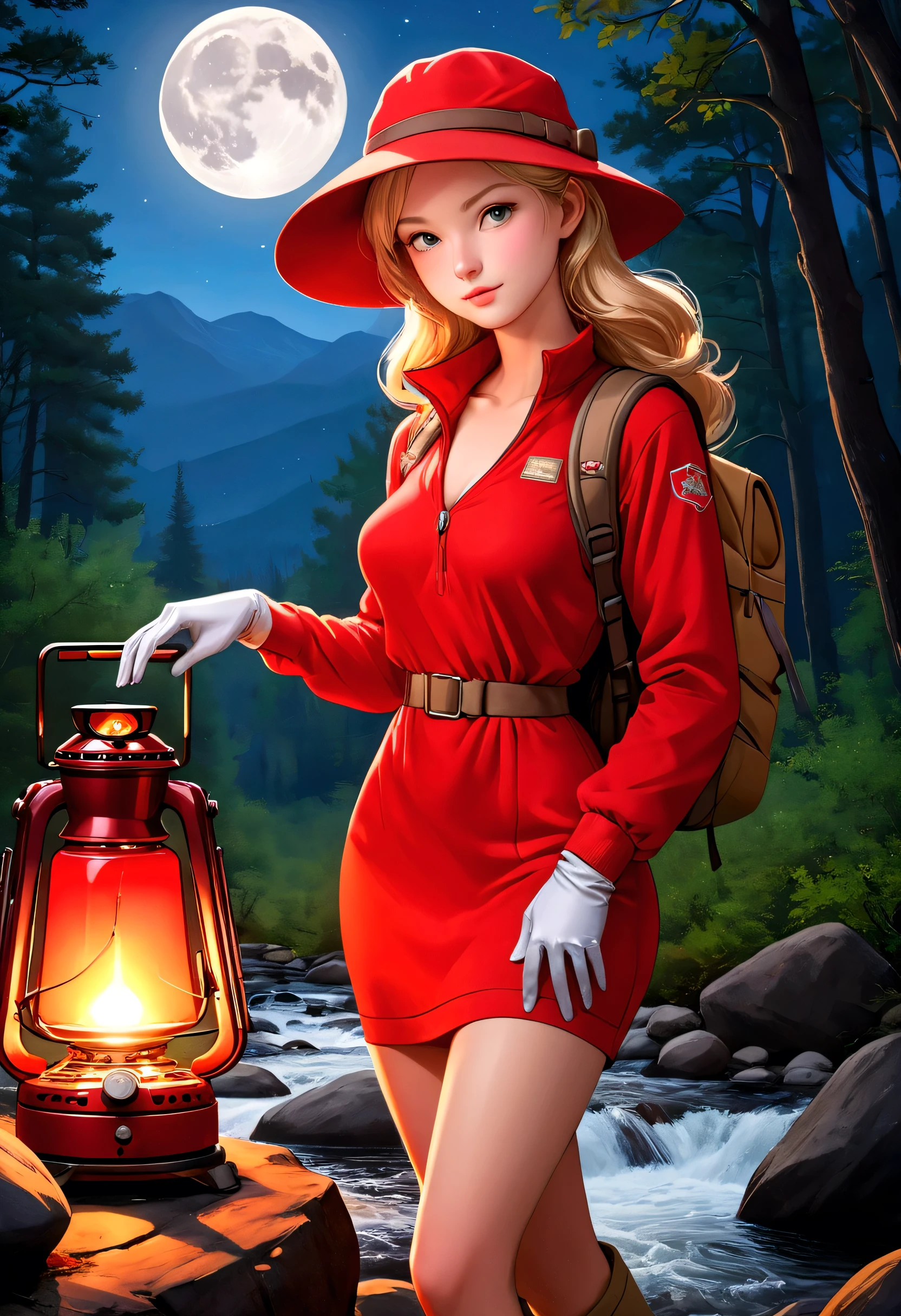 ((full body, cinematic footage)),(best quality, 4k, 8k, high resolution, masterpiece: 1.2), ultra-detailed, (realistic, photorealistic, photorealistic: 1.37), (((1 girl, solo) )),(17 years old),[face is a combination of (((irene1:1.2))) and (((Excella_er5:1.2)))],(sharp focus:1.5),pearl skin,(pores skin texture: 1.1), extremely detailed face and skin texture, (skin texture: 1.1), blonde hair, tall and slender body, (180 cm tall), thin and delicate figure, graceful posture, strong and defined muscles, Flawless skin, defined abdomen, perfect curves, feminine appearance, beautiful long legs, Embodying Elegance and Beauty, breasts with cleavage, large breasts, ((wearing an ultra-short mini dress (red: 1.4))), ((camel toe highlighted in clear)), vibrant colors, extremely sophisticated and realistic clothes (red), (film grain :1.3), Angelic Ethereal Beauty, studio photography, professional photography, solo, outdoors, (night), mountains, nature, (stars, moon) cheerful, happy, backpack, sleeping bag, camping stove, water bottle, mountain boots, gloves, hat, flashlight, forest, stones, river, wood, smoke, shadows, contrast, clear sky, analog style ( look at the viewer: 1.2), (warm hue, warm tone) :1.2), cinematic light, side lighting, ultra high res, best shadow, RAW,