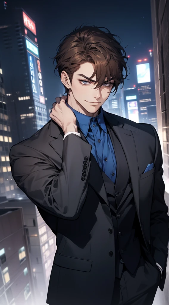 masutepiece, Best Quality, Realistic, 1man, matured male, Quiet and charming young man, 25 years old, closing eye, Serious look, extra detailed face, ((dark grey eyes)), ((Short right sweep dark brown hair)), [Thick eyebrows], detective, city, ((Blue color suit)), Cinematic lighting, gaze at the audience, Postural dynamics, Smirk