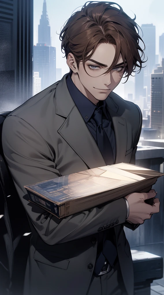 masutepiece, Best Quality, Realistic, 1man, matured male, Quiet and charming young man, 25 years old, closing eye, Serious look, extra detailed face, ((dark grey eyes)), ((Short right sweep dark brown hair)), [Thick eyebrows], detective, city, ((Blue color suit)), Cinematic lighting, gaze at the audience, Postural dynamics, Smirk