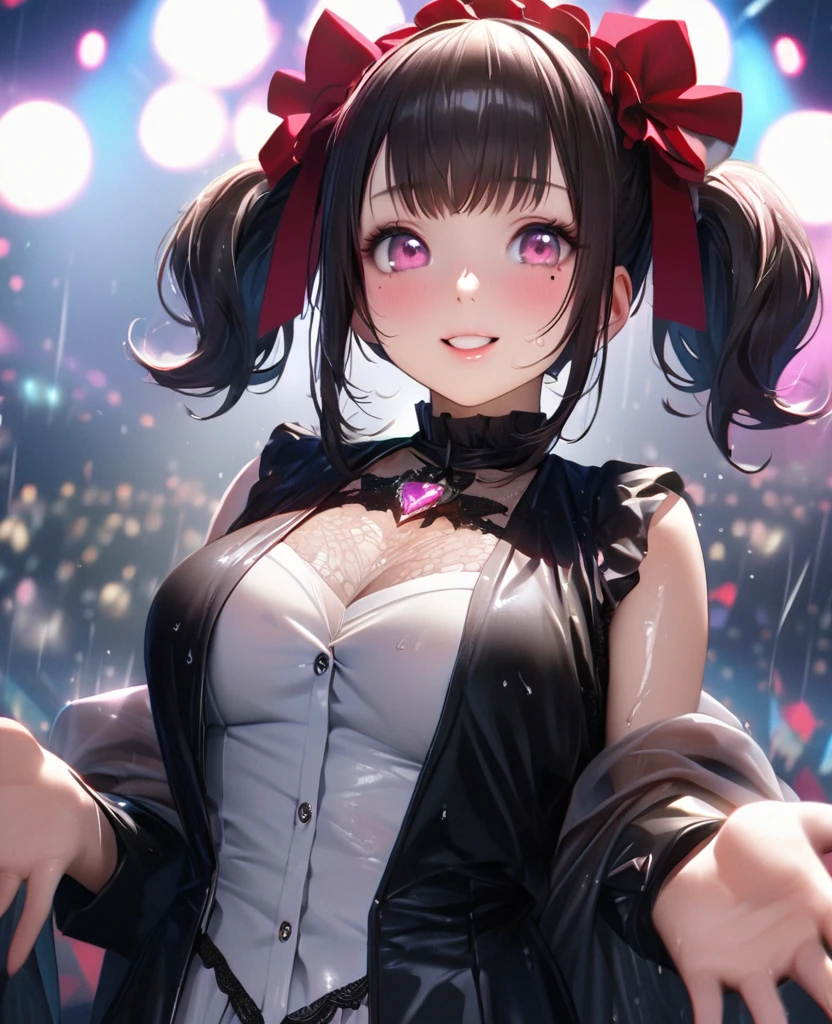 One Girl、Looking at the audience、lovely,
Beautiful pink eyes、short twin tail hair , Mole under the eye、Plump and glossy lips、Heart-shaped choca、Idol、Her name is Rico,smile、ー、。.。.。.。.。.。.。.。.。.。.。.。.。.。.。.。.。.。.3D、Realistic、
The idol's costume was soaked in the heavy rain, and her chest was wet and transparent.Heavy rain at outdoor concert, Drape clothes、gem、The decoration has been removed、Floral、Lace trim,On a glittering stage、
masterpiece、highest quality、8k、Detailed skin texture、Detailed cloth texture、Beautifully detailed face、Intricate details、Very detailed、
超A high resolution、8k Ultra HD、Film Grain、Best Shadow、delicate、Gazing at the audience、front