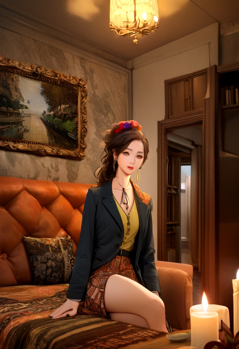 , yuppie, korean makeup, black olive, bohemian, bohemian, candlelit, dark academia interior design, dark academia interior design, contemporary architecture, photopainting, autodesk maya, boho outfit, blazer