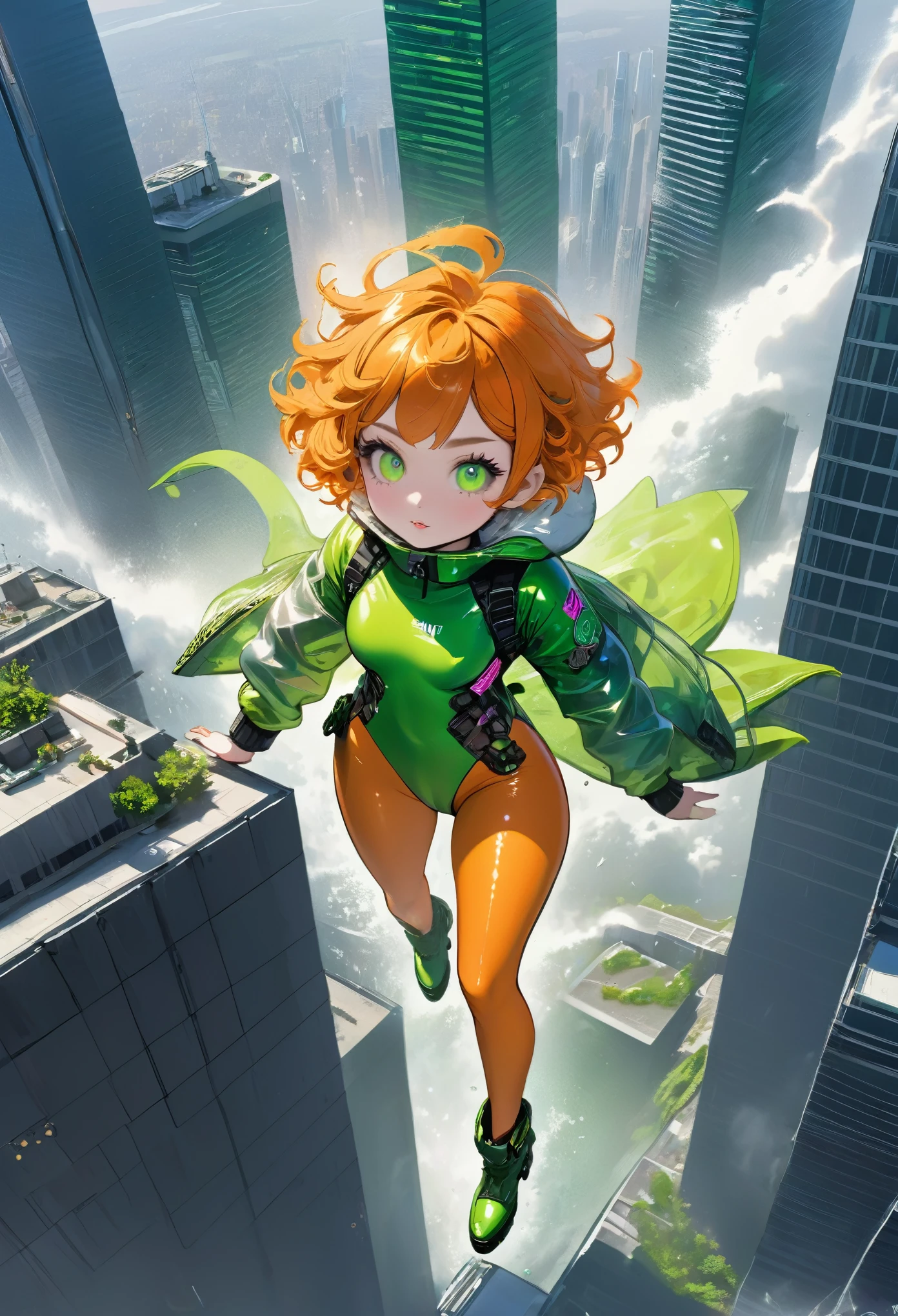 best quality, super fine, 16k, incredibly absurdres, extremely detailed, 2.5D, delicate and dynamic, cute lady, orange messy wavy short hair, clear green pupils, flying and floating with jet boots made of plated metal that look like boots, hot pink tight seamless shiny bodysuit with lots of writing, white down jacket, rooftop of skyscraper, (magnificent view:1.5), wind, wind-effects, extra-dimensional effects