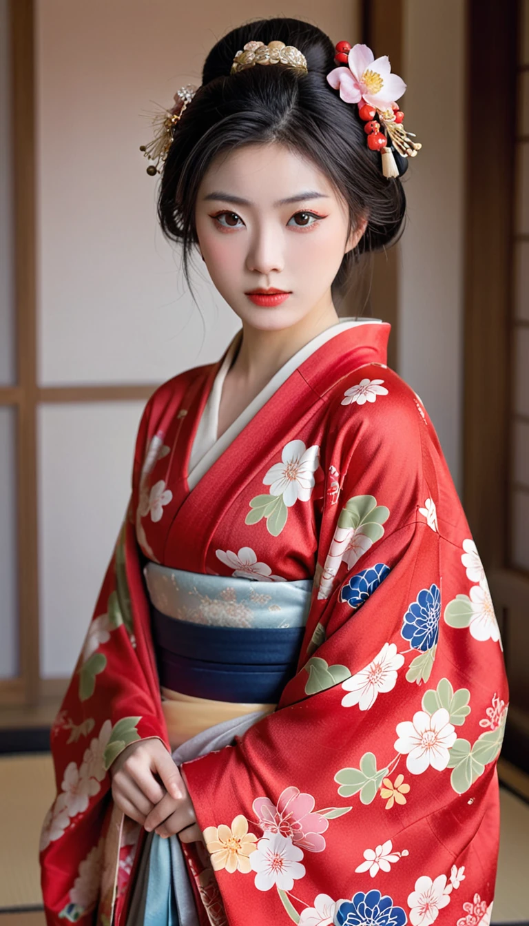 Dressed in a delicate red floral kimono、A hall crowned with melancholy flowers々A beautiful portrait of a beautiful woman、Famous Sa々Reminds me of Kizuki。This breathtaking trending image from CG Society、Showing the utmost realism、It takes the viewer to the Sengoku period.。A woman dressed in traditional attire who was a concubine of a Japanese warlord、Exudes timeless beauty、His gaze is cast thoughtfully downwards。Her outfit vividly expresses the artistic beauty of her kimono in beautiful colors.、They feature the intricate patterns and understated elegance that characterize this period.。This image is a mesmerizing masterpiece.、Worth it