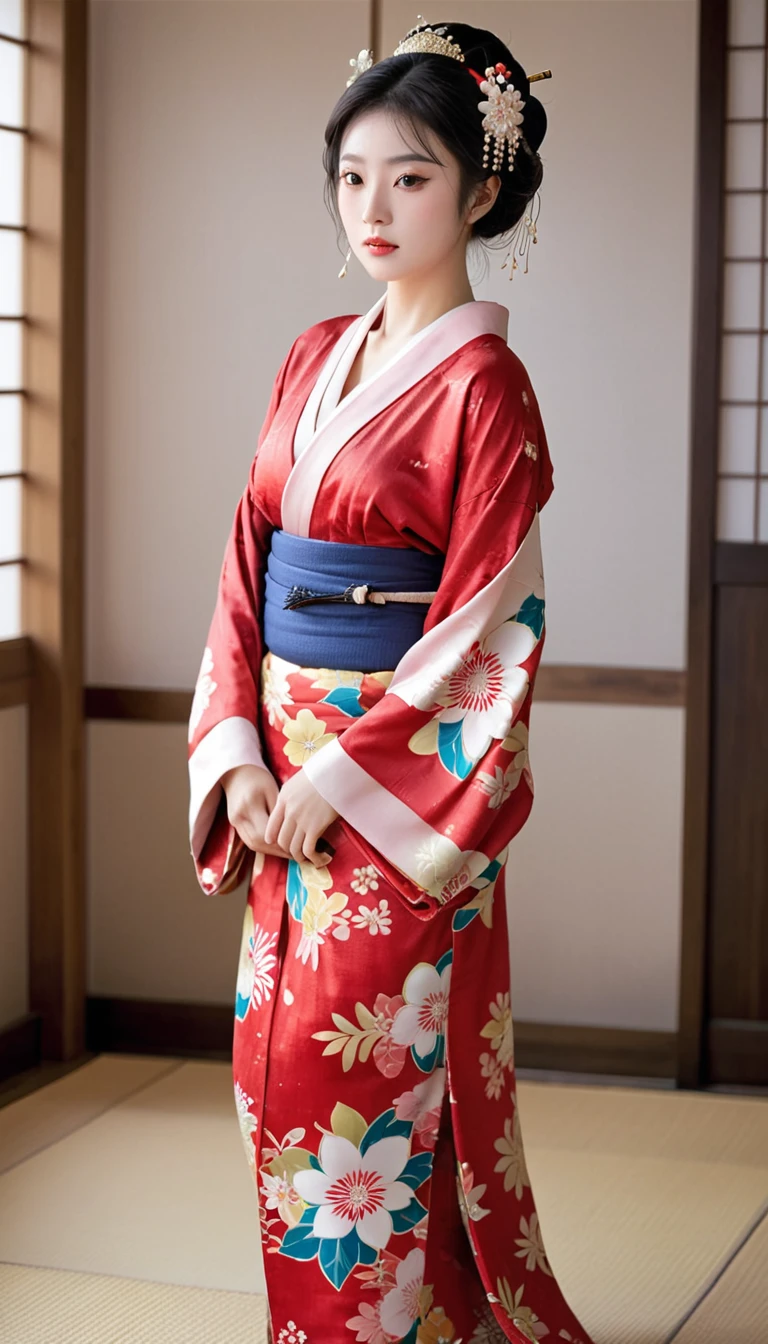 Dressed in a delicate red floral kimono、A hall crowned with melancholy flowers々A beautiful portrait of a beautiful woman、Famous Sa々Reminds me of Kizuki。This breathtaking trending image from CG Society、Showing the utmost realism、It takes the viewer to the Sengoku period.。A woman dressed in traditional attire who was a concubine of a Japanese warlord、Exudes timeless beauty、His gaze is cast thoughtfully downwards。Her outfit vividly expresses the artistic beauty of her kimono in beautiful colors.、They feature the intricate patterns and understated elegance that characterize this period.。This image is a mesmerizing masterpiece.、Worth it