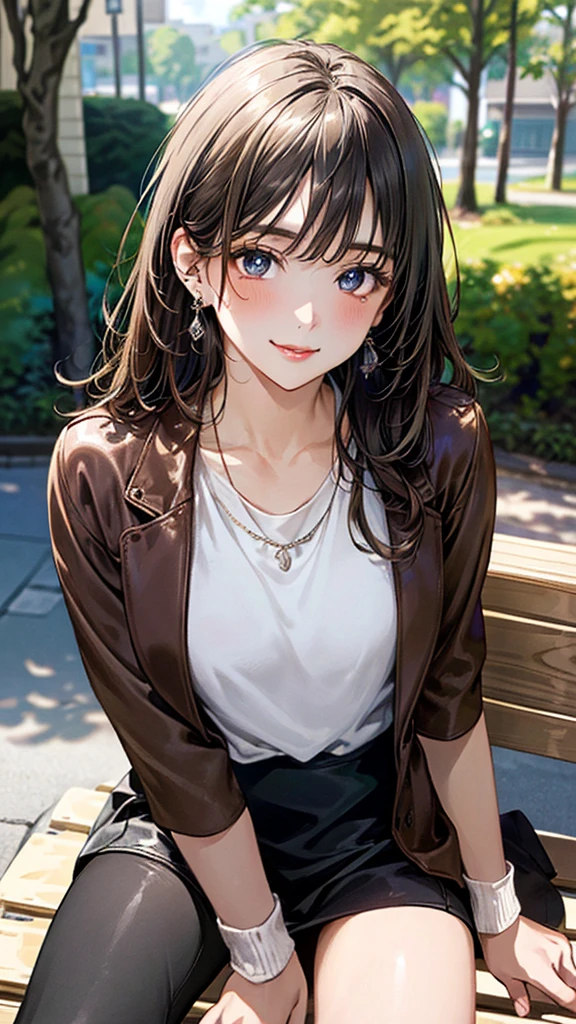 (masterpiece:1.3, Highest quality, Ultra-high resolution, Super detailed), (Realistic, photoRealistic:1.4), Beautiful illustrations, Perfect lighting, Natural light, Bright colors, Depth of written boundary, Browsing Caution,
Beautiful detailed hair, Beautifully detailed face, Beautiful attention to detail, Beautiful clavicle, Beautiful body, Beautiful breasts, Beautiful thighs, Beautiful feet, Beautiful fingers, Shiny skin,
View your viewers, (Face Focus, Upper Body), 1 Girl, Japanese, high school girl, (Perfect Anatomy, Anatomically correct, Highly detailed skin), Cute and symmetrical face, Baby Face,
(Long Hair, Straight hair, Light brown hair), amount, Dark blue eyes, (Medium chest, Captivating thighs), thin, Excellent style, Perfect Face, Perfect Eyes,
(Small earrings, necklace, (Brown leather jacket, Black Leather Skirt), Black tie, (stockings, High heels)),
(Beautiful views), spring, (garden), Sitting on a bench, (Cute smile, Upward glance, Part your lips),