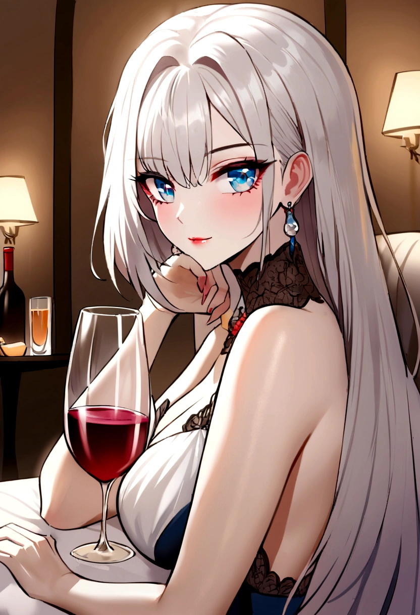 masterpiece、top-quality、hight resolution、High-quality images、8K、1womanl、detaileds、Detailed eye depiction、skin gloss、Lustrous silver hair、Monochrome grayscale、Nomiya、portlate、Cheers of wine