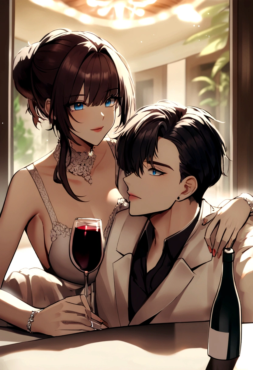 The couple drinks wine in a luxury hotel, buổi tối, Seabreeze, romantic atmosphere, Beautiful face, Eye Detail, lip details.