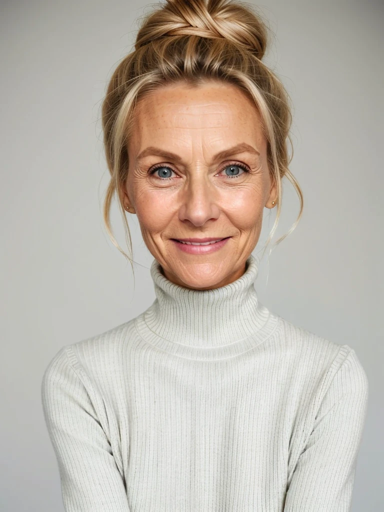 photo of a skinny very old wrinkly-faced faced mature blonde messy long hair thrown into a messy bun ponytail. She wears: (turtleneck soft high ribbed bright red super tight sweater:1.1), submissive seductive pose, high tight ribbed neck, seductive smile, perfect fake tits, horny eager granny, teasing sexy old lady