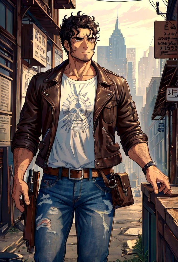 ((Best quality)), ((Masterpiece)), (Detailed): Snail Galford, age 30, short curly black hair, intense brown eyes, muscular and rugged build, wearing a weathered leather jacket and jeans, determined yet wary expression, with a scar running across his cheek, carrying a worn satchel and a rugged shotgun, background of a post-apocalyptic cityscape, poised and vigilant stance.