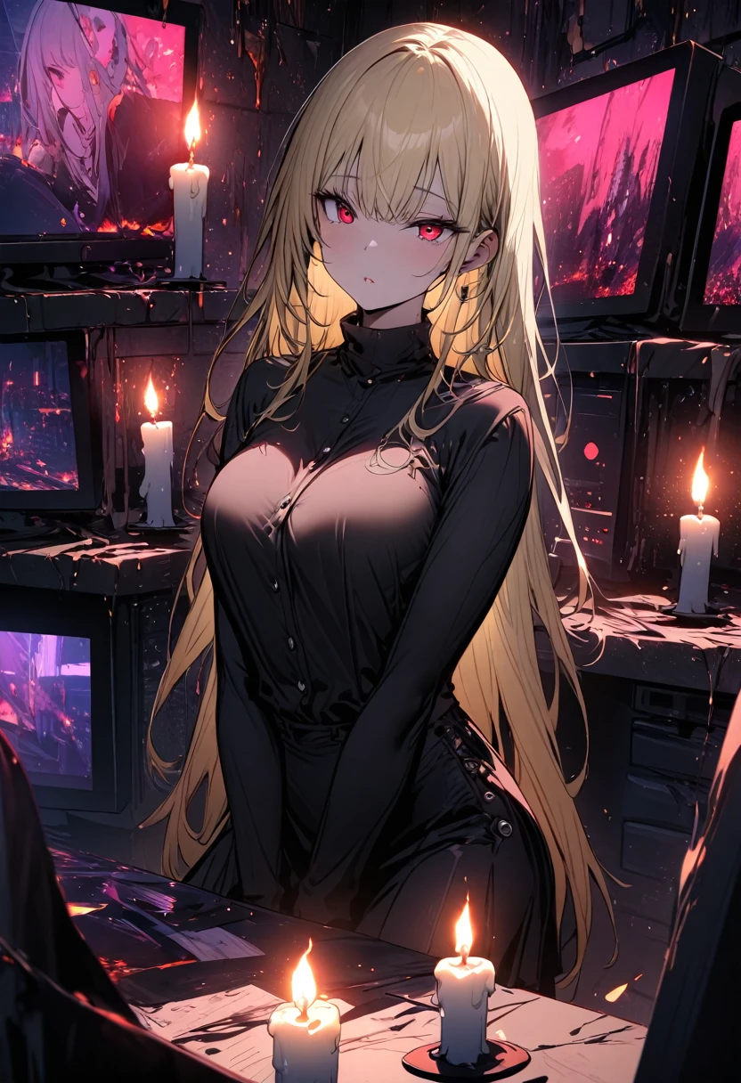 top-quality、Top image quality、masterpiece、girl with((Beautiful fece、20yr old、Best Bust、big bust,Red eyes to issue,Valley、Blonde long hair、A slender and curvaceous body、Black Y-shirt with the second button open、Black Belly Short Skirt、Large valleys))hiquality、Beautiful Art、Background with((darkened room、candle)),Depth((Numerous monitors))masutepiece、visualart、depth of fields、
