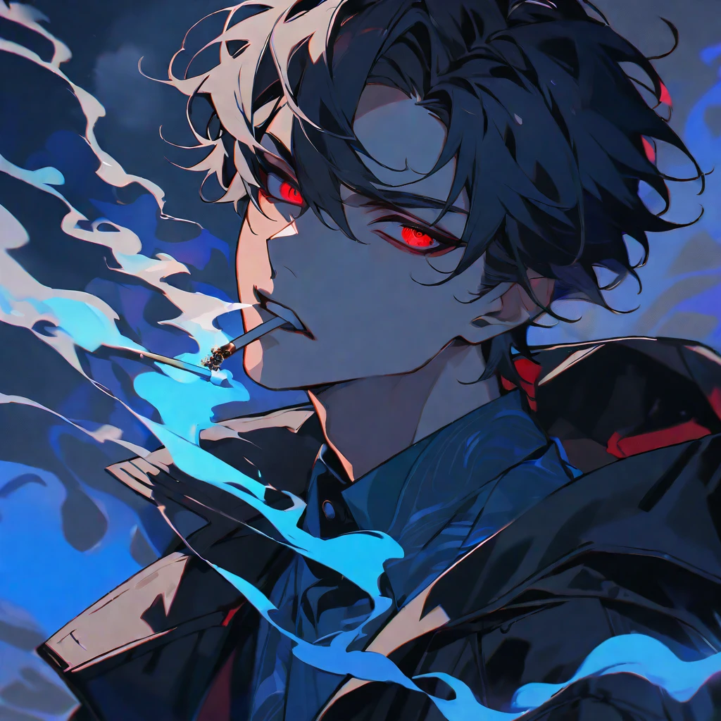 solo, handsome, 1 male, short hair, black hair, blue&red eyes, Odd Eye,black light, black coat, smoke, smoking, blue fire