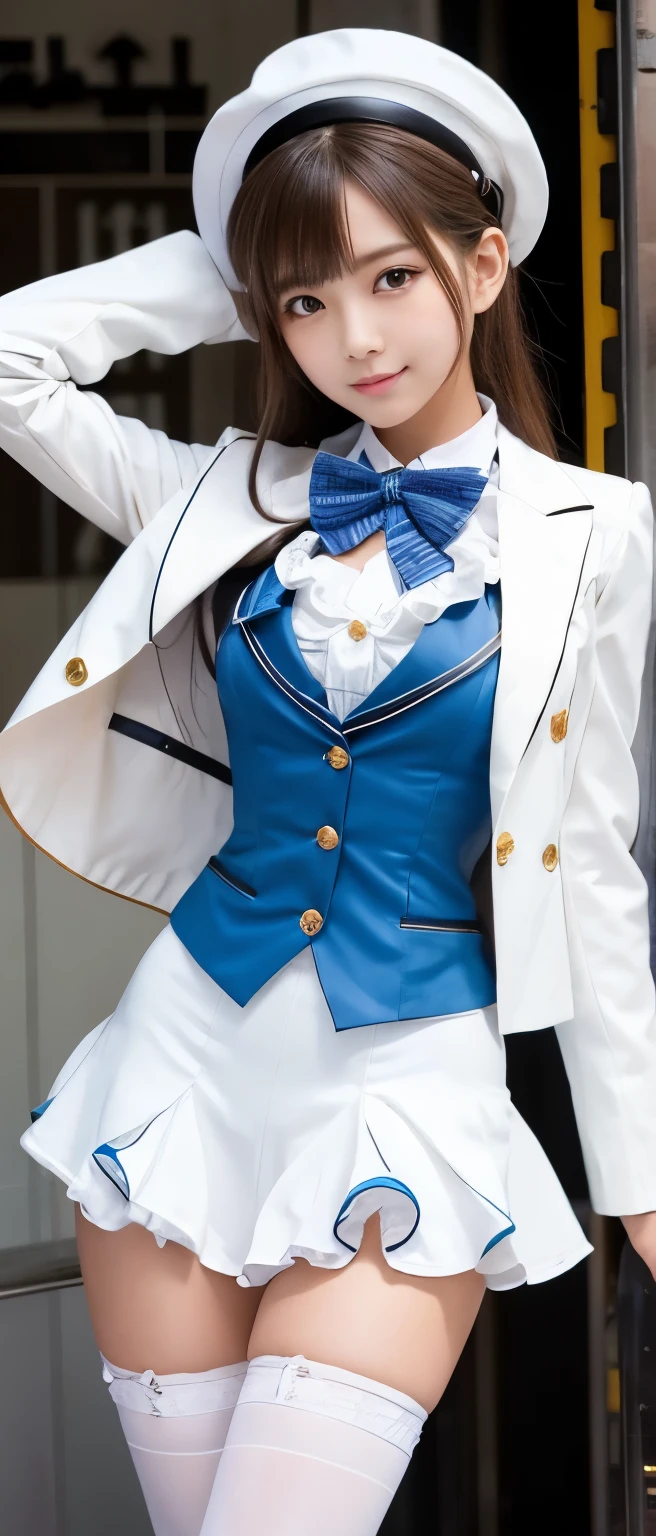 Tall and cute idol girl、whole body、Good style、、、、、、、、、、Tanned thick legs、、White and blue steampunk suit、、Neat and clean idol face、Underground laboratory