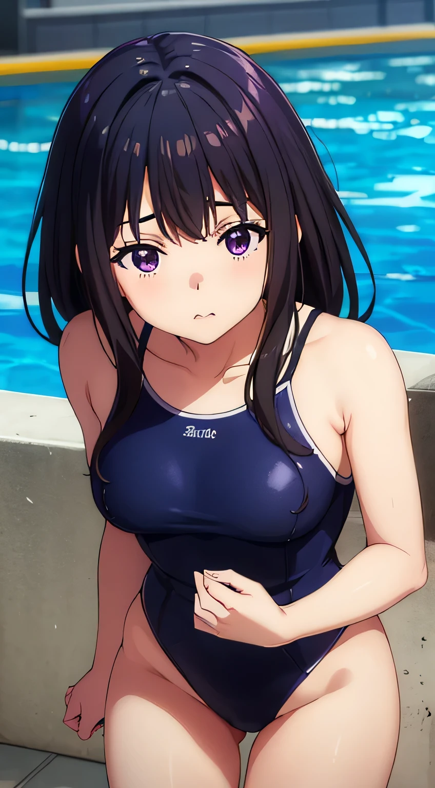 (masterpiece、Highest quality、In 8K、High resolution:1.2)、alone、One Girl、 Takina Inoue、Feeling embarrassed、blush、Purple Eyes、Look at the viewers、whole body、Navy blue swimsuit、Dark blue racing swimsuit、Glossy body、Wet body、Daytime、Poolside、Low - Angle