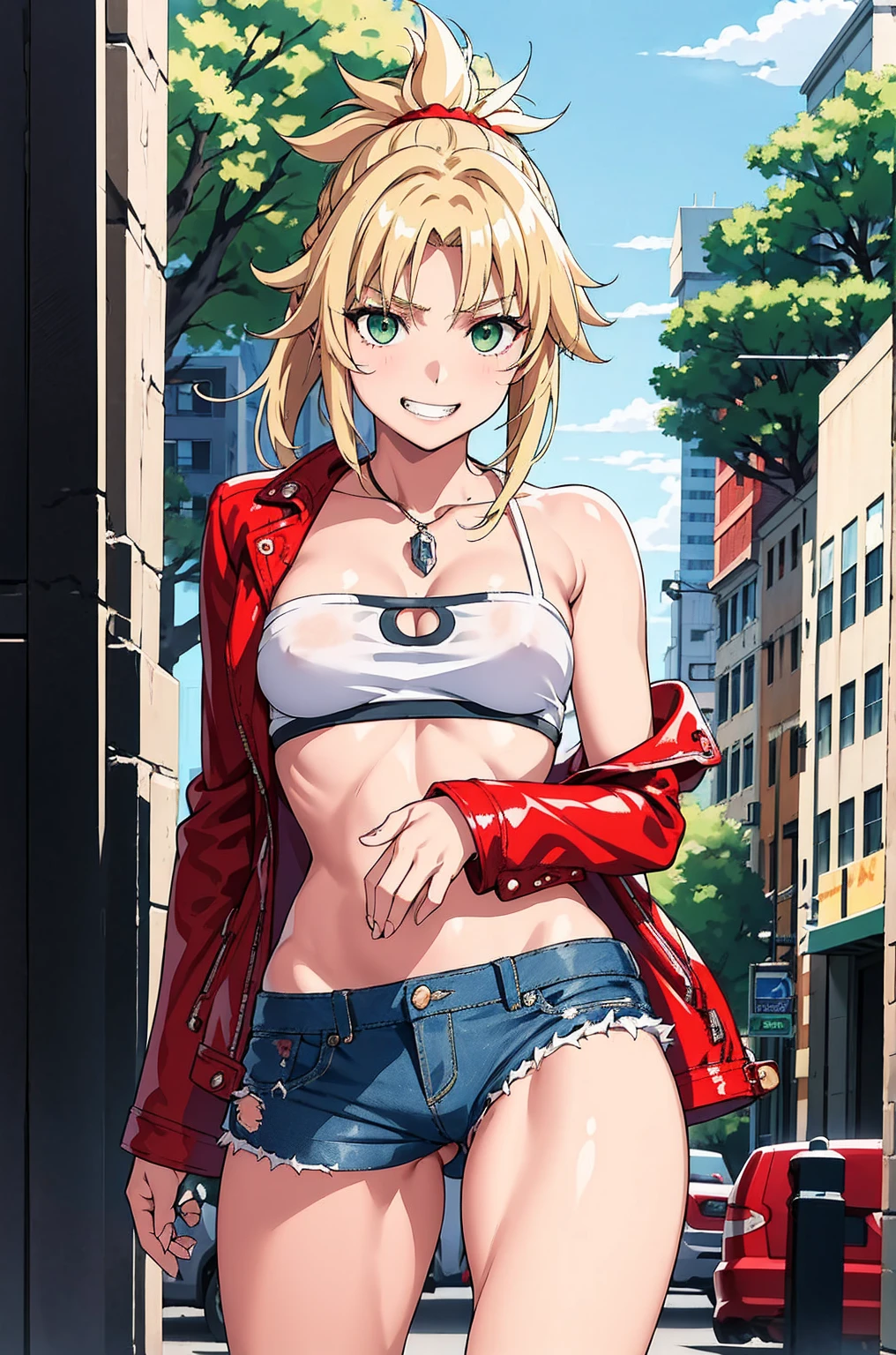 masterpiece, Highest quality, figure, City Street, One girl, Mordred \(destiny\), Cowboy Shot, clavicle, Detailed blonde hair ponytail braid, Green Eyes, Red leather jacket, White short blouse, Denim shorts,belly button,Up to the thighs,Grin, Covered_Pussy,skin,Beautiful legs,Beautiful Hands,Lift your legs,