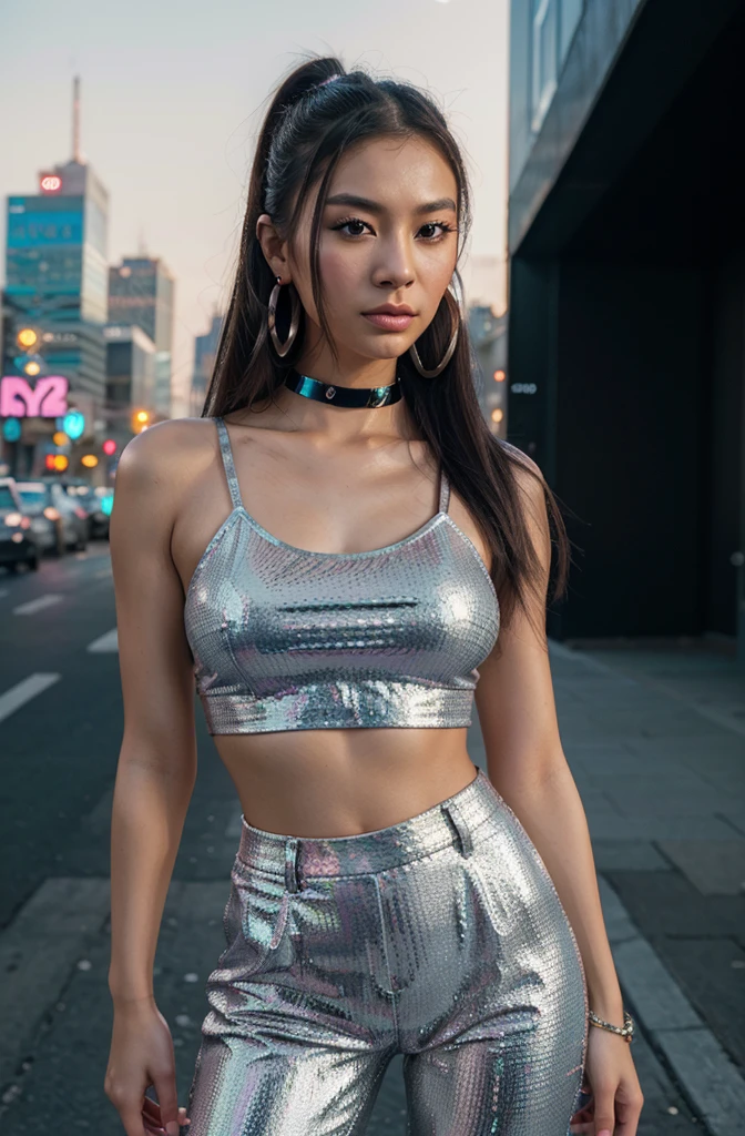 “Create an HD Ultra Realistic image of Young Attractive Asian Woman Sophie Tan in a Y2K-inspired fashion editorial. Sophie is dressed in a metallic silver bandeau top and low-rise pleather pants with reflective strips, accessorized with a small shoulder bag and oversized hoop earrings. The background is a vibrant cityscape with neon signs and a view of the skyline. Use a professional camera with a 70mm lens to capture Sophie’s bold pose and the reflective textures of her outfit (1.3). The cityscape background should be blurred to ensure Sophie stands out, with post-production enhancing the neon glow, adding a shimmering overlay, and using a cool color filter for a true Y2K editorial look (1.4).”