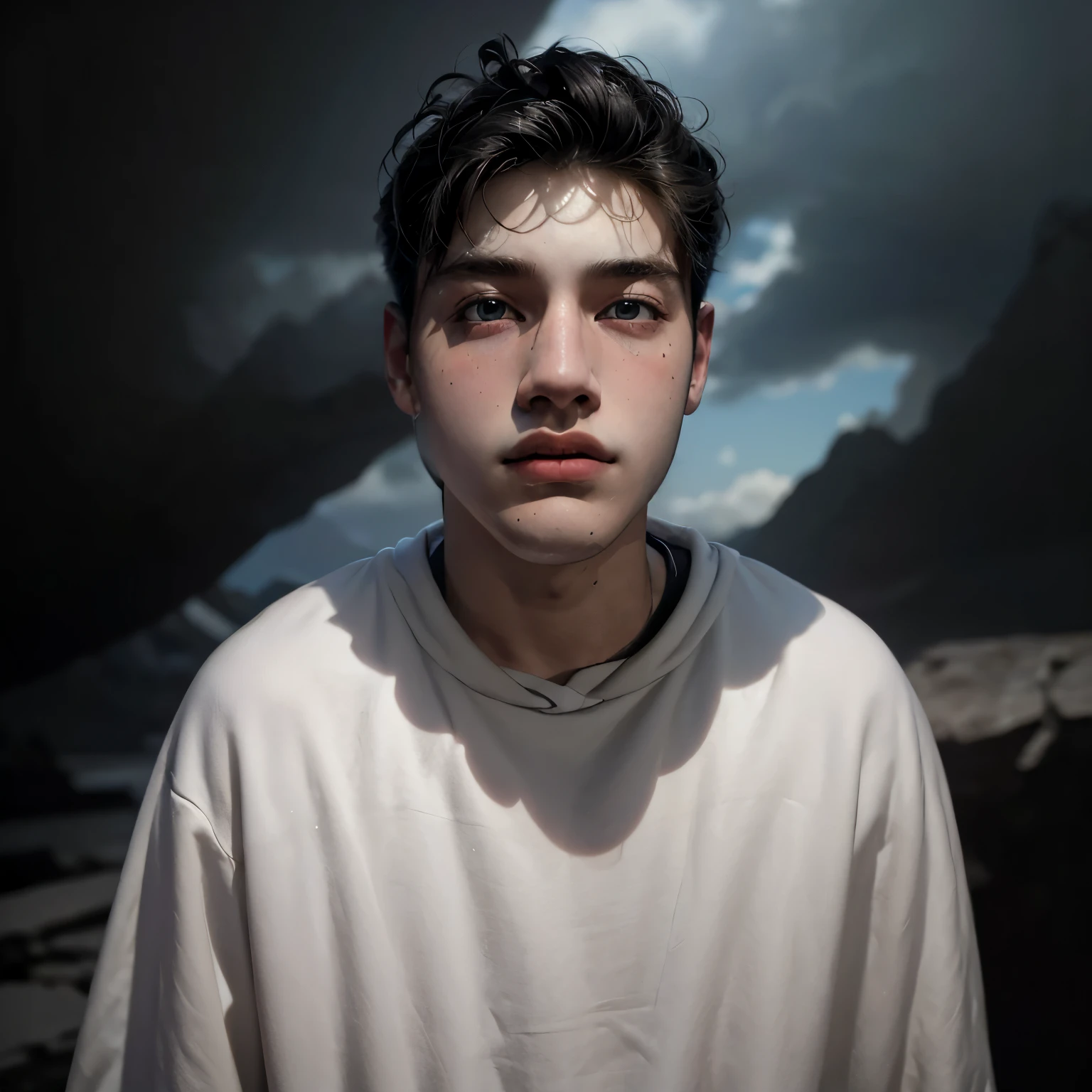(masterpiece:1.2), (best quality:1.2), hyper realistic,highestres,absurdres,extremely detailed,volumetic,dramatic lighting,(frontal view),
20 year old boy,face,detailed eyes, flat black hoodie, black t-shirt, with background ((sky))