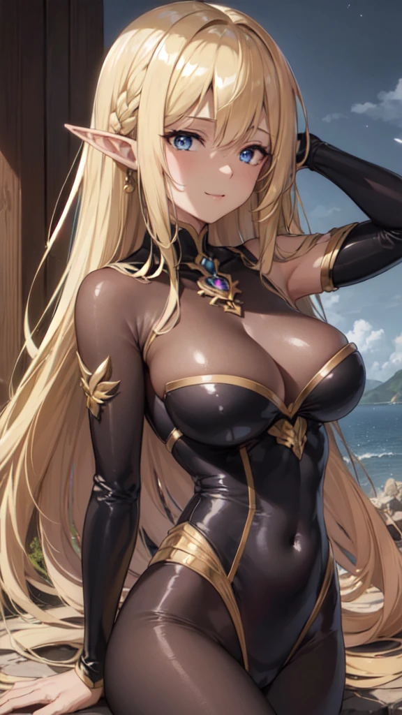 (Upper Body:1.3),Medium Shot,anime,masterpiece,gravure, 8k,Realistic, Beautiful woman,An elegant and mature elven woman, Elf Ears,blue eyes, Put your arms behind your head,(美的animeの目:1.3),Large Breasts,Blonde, Black bodysuit, smile,Beautiful breasts,8K resolution, High quality CG, Beautiful CG, Soft Light,View your viewers,(24-years-old),