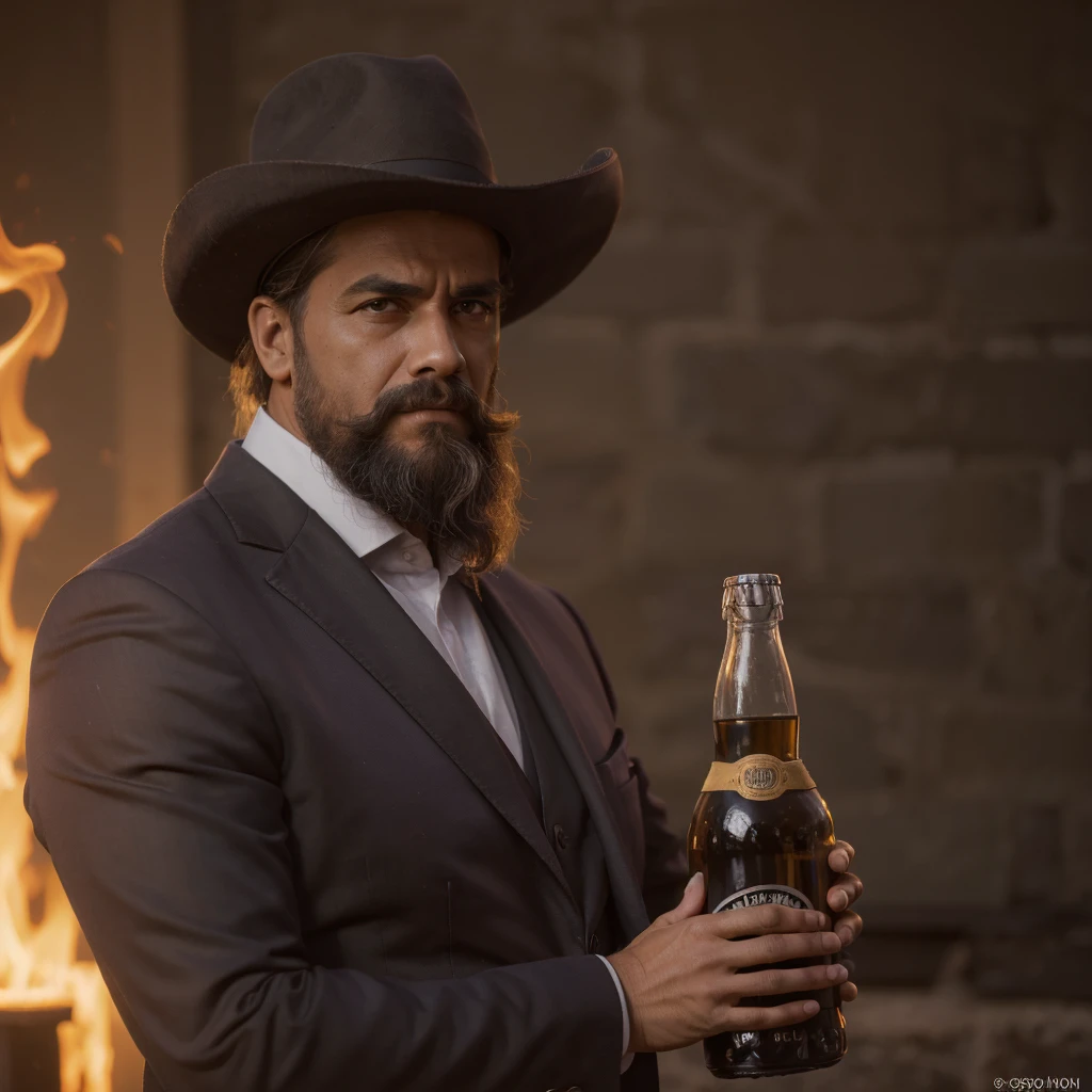 Ultra detallado photograph of a malevolent looking man with smokin holding a Jack Daniel's bottle, cabello negro corto, barba de candado, Retroiluminado, ((ultra detallado face)), ((Centrarse en la cara y en su sombrero de copa color morado)), ambiente de wall street, (((hombre elegante de negocios))) colores brillantes, oscuro, espeluznante, de pesadilla, vela. digital art trends on Artstation 8k HD detallado realista, detallado, textura de la piel, super detallado, realista textura de la piel, armadura, mejor calidad, super high reliability: 1.4), high resolution, detallado, foto en bruto, fuego agudo, by lee jeffries nikon d850 film stock photography 4 kodak portra 400 f1 camera.6 lens rich colors hyper realista lifelike texture dramatic lighting unrealengine trending on artstation cinestill 800 ,8k, mejor calidad, Imagen real, detalles intrincados, ultra-detallado, ultra high resolution, campo de profundidad,(photorealista,realista:1.2),Obra maestra