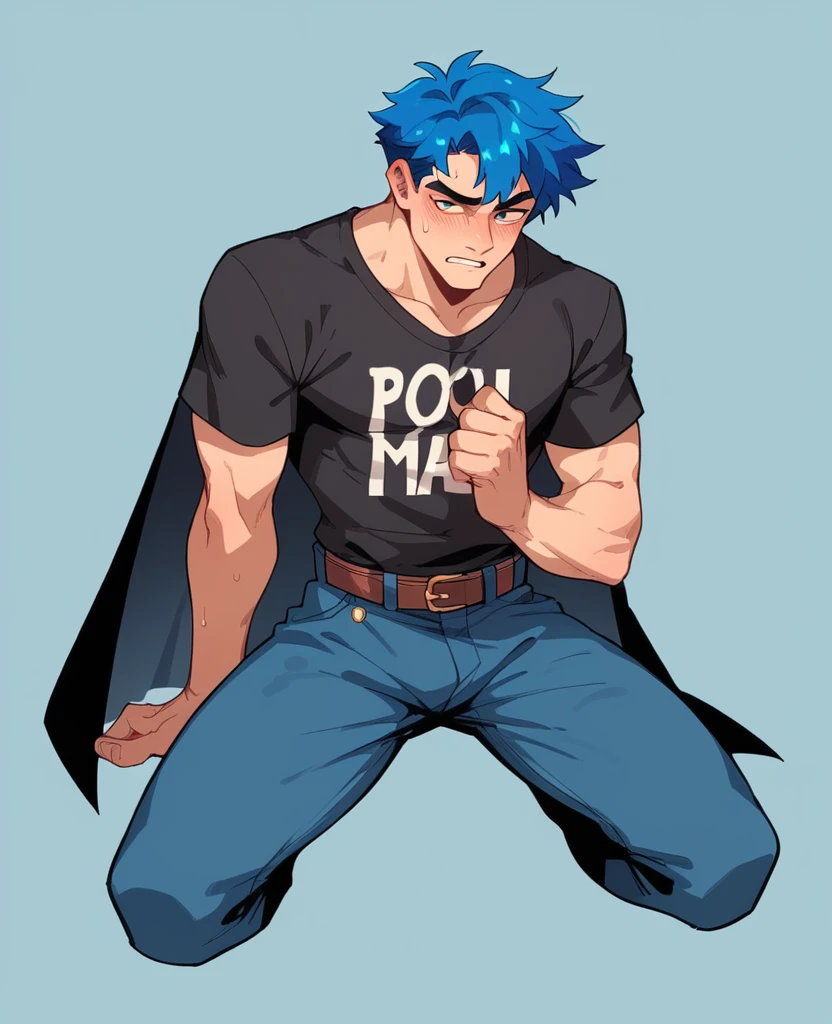 Small funny asexual man mage in a dark t-shirt with dark blue pants and a black cape and blue hair