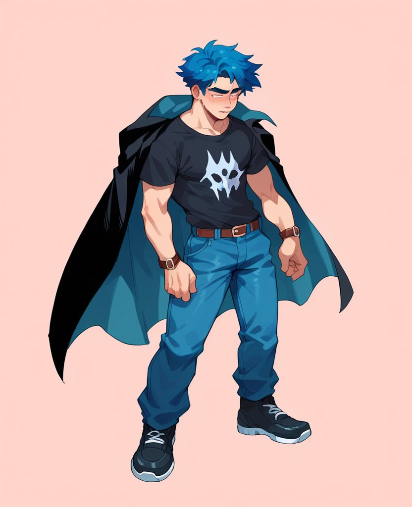 Small funny asexual man mage in a dark t-shirt with dark blue pants and a black cape and blue hair