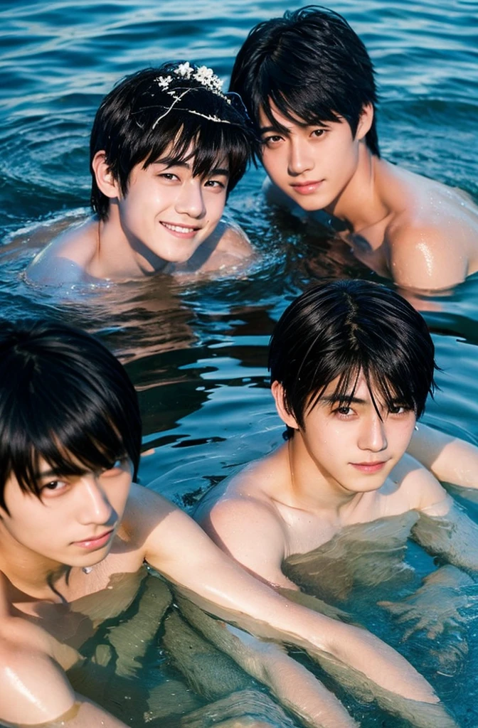 Beautiful boy、Handsome、18-year-old、Japan boys、Black Hair、night、hot spring、Thin、Cute Boys、sit、、In the water、
